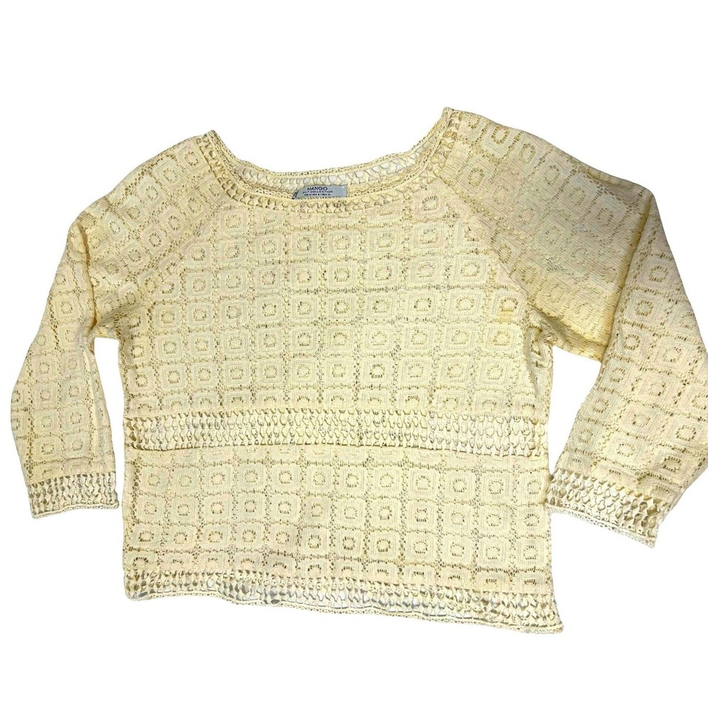 Mango Crochet Knit Regular Fit Long Sleeve Top Cream Sz M